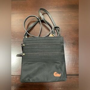 DOONEY & BOURKE NORTH SOUTH TRIPLE ZIP BLACK NYLON EMBROIDERED DUCK CROSSBODY